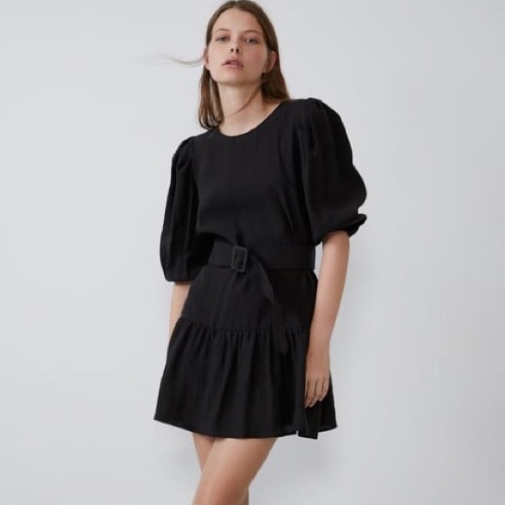 Zara black belted puff sleeve dress